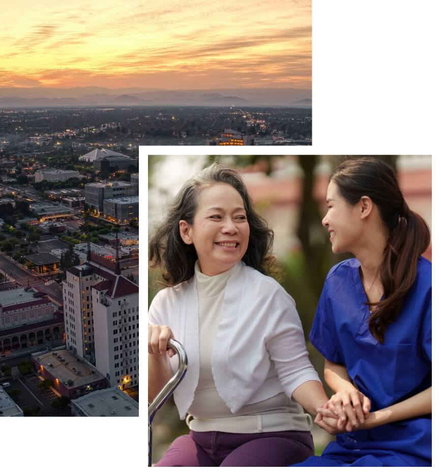 Aerial view of Fresno, CA and a nurse with a guest